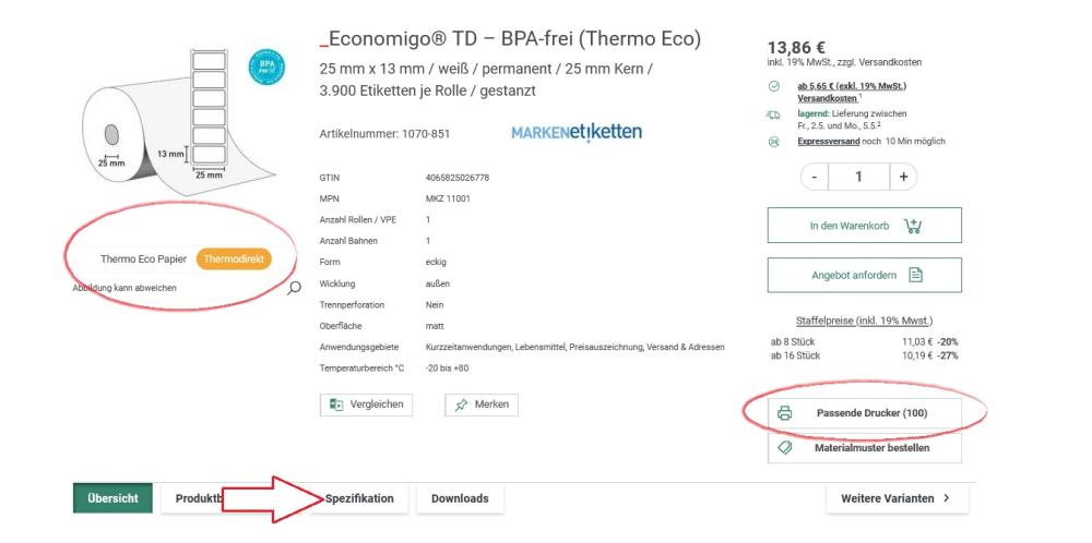 Das richtige Druckverfahren zum Etikett finden Auszug aus dem Mediaform Shop mit Hinweis zum richtigen Druckverfahren