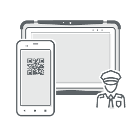 Skizziertes MDE-Handheld und MDE-Tablet vor einer uniformierten Person als Icon für den Anwendungsbereich Öffentlichkeitsarbeit und Sicherheit