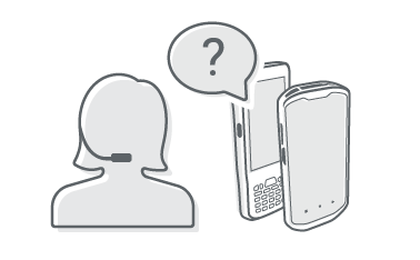 Iconbild in Schwarz-Weiß für den individuellen Kundensupport mit Fragezeichen-Sprechblase, Silhouette einer Kundenberaterin und MDE-Handhelds
