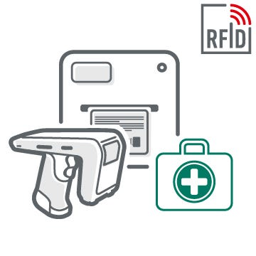 Teaserbild zum Thema RFID im Gesundheitswesen mit in Grün skizziertem Arztkoffer von vorne als Icon und zwei RFID-Geräten in Grau-Weiß