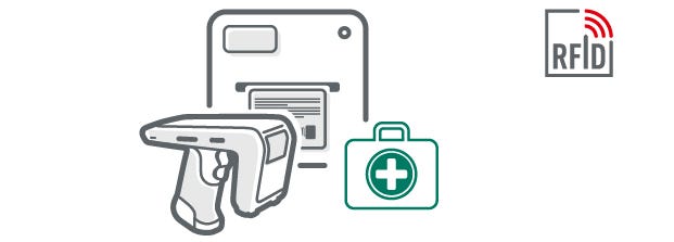 RFID im Gesundheitswesen Teaserbild zum Thema RFID im Gesundheitswesen mit skizziertem Handheld-Lesegerät, RFID-Etikettendrucker und skizziertem Arztkoffer.