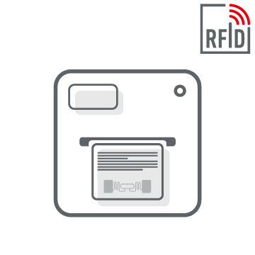 Darstellung eines RFID-Etikettendruckers als skizziertes Icon in Schwarz-Weiß