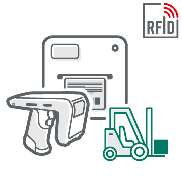 Teaserbild zum Thema RFID im Lager mit skizziertem Gabelstabler in Grün als Icon und zwei RFID-Geräten in Grau-Weiß