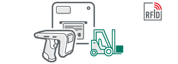 Iconbild zum Thema RFID im Lager mit skizziertem Gabelstapler in Grün und RFID-Hardware in Grau-Weiß