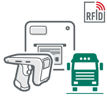 Teaserbild zum Thema RFID in der Logistik mit in Grün skizziertem LKW von vorne als Icon und zwei RFID-Geräten in Grau-Weiß