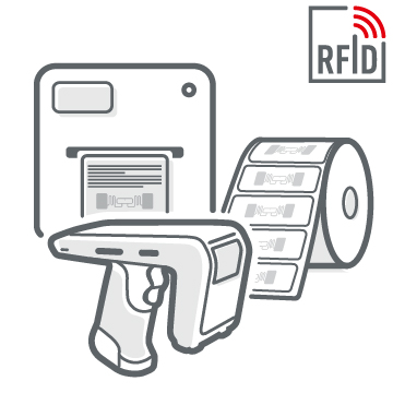 Collage aus RFID-Produkten als schwarz-weiße Icons