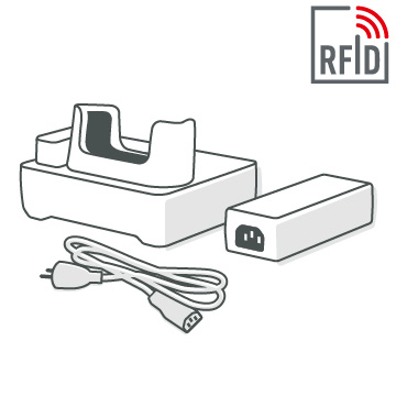 Darstellung von RFID-Zubehör wie Kabel, Akku und Ladestation als skizziertes Icon in Schwarz-Weiß