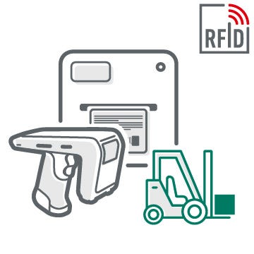 Iconbild zu RFID im Lager mit skizziertem Gabelstapler und RFID-Hardware