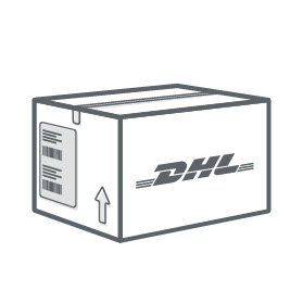 Schwarzweißes Icon: Paket mit Versandetikett für DHL und DHL-Logo