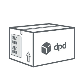 Schwarzweißes Icon: Paket mit Versandetikett für DPD und DPD-Logo