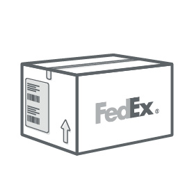 Schwarzweißes Icon: Paket mit Versandetikett für FedEx und FedEx-Logo