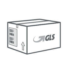 Schwarzweißes Icon: Paket mit Versandetikett für GLS und GLS-Logo