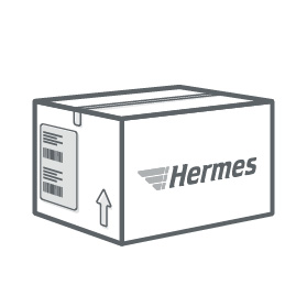 Schwarzweißes Icon: Paket mit Versandetikett für Hermes und Hermes-Logo
