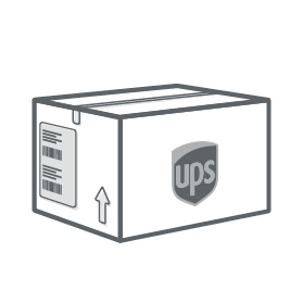 Schwarzweißes Icon: Paket mit Versandetikett für UPS und UPS-Logo