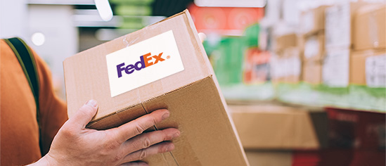 Person hält Paket mit FedEx-Versandetikett in die Kamera.