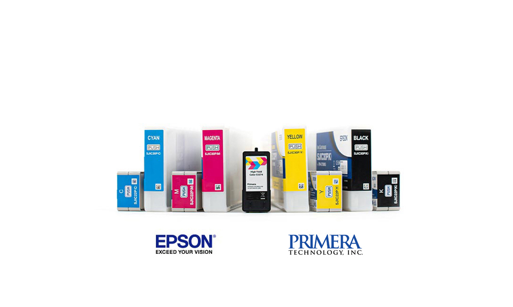 Sortiment der Tintenpatronen von Primera und Epson im Mediaform-Shop