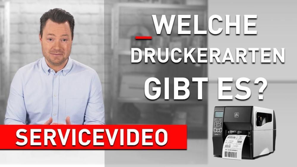 Teaserbild zum YouTube-Video Welche Druckerarten es gibt mit weißem Schriftzug, schwarzem Etikettendrucker und Bild des Moderators