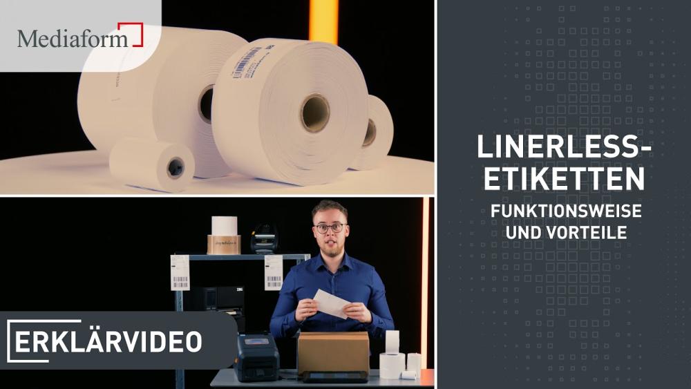 Teaserbild zum YouTube-Video Linerless-Label mit weißem Schriftzug, Linerless-Etikettenrollen und Bild des Moderators
