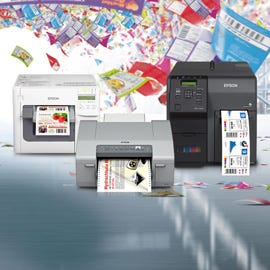Drei Farbetikettendrucker von Epson als Kollage aufgebaut