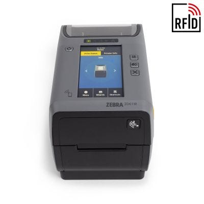 Zebra ZD611r Desktop-Etikettendrucker vorne mit Logo