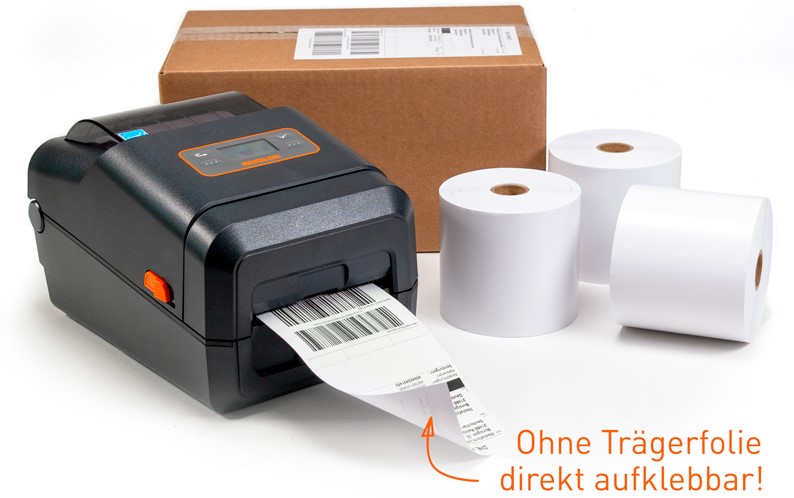 Linerless-Drucker mit Paket und 3 Linerless-Etikettenrollen