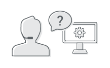 Technischer Produktberater mit Headset und Fragezeichen in einer Sprechblase, dargestellt als Icon
